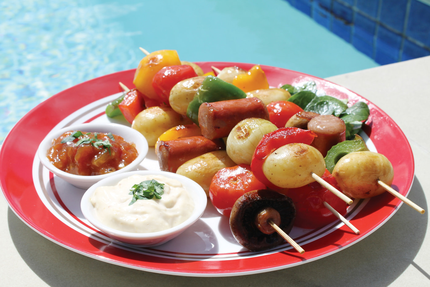 BBQ Kebabs with Perlas Potatoes and Dip