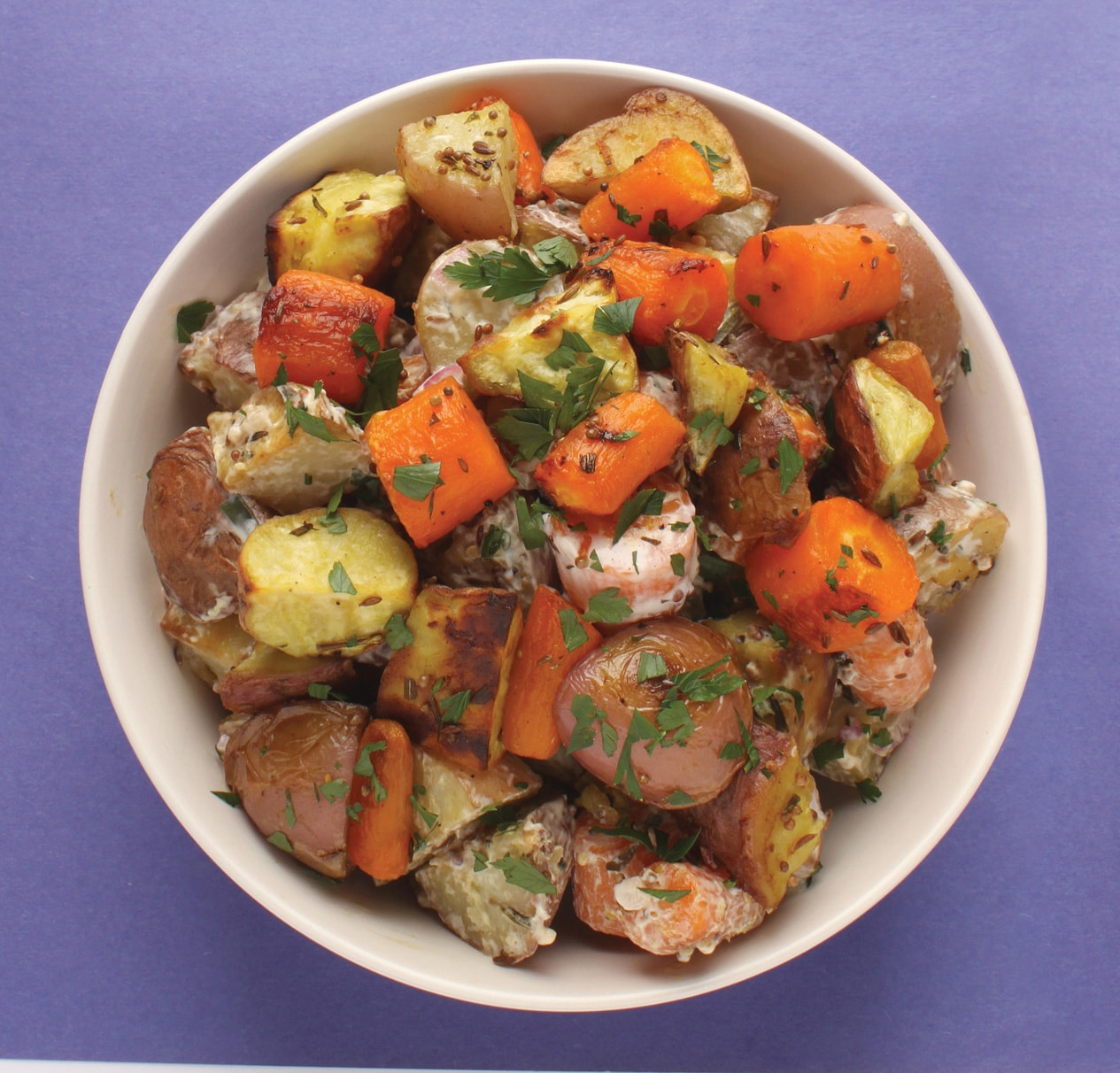 Roasted Vegetable Salad with Sour Cream and Red Onion Dressing