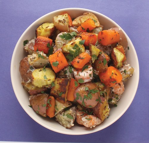 Roasted Vegetable Salad with Sour Cream and Red Onion Dressing