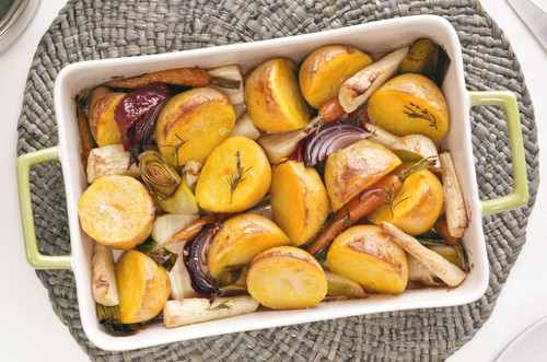 Roasted Inca Gold potatoes, carrot, leek, & red onion tray bake