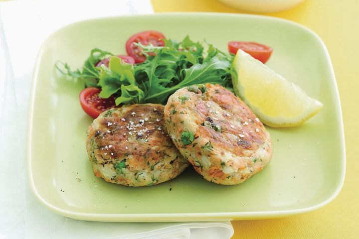 Salmon, pea and potato cakes