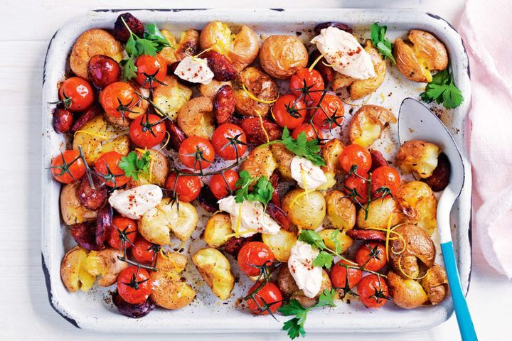Smashed potatoes with cherry tomato and chorizo