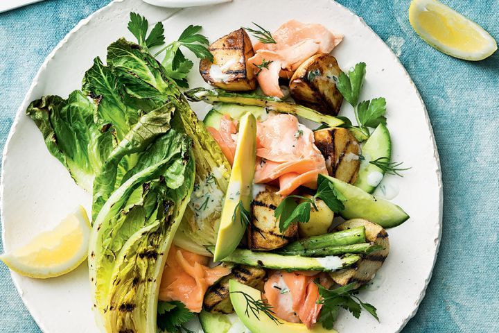 Salmon, charred cos and potato salad