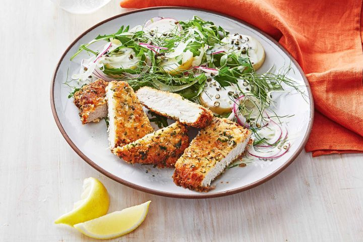 Pork and fennel schnitzel with potato salad