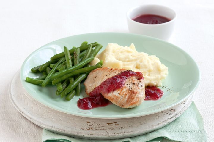Turkey with cranberry glaze and potato mash