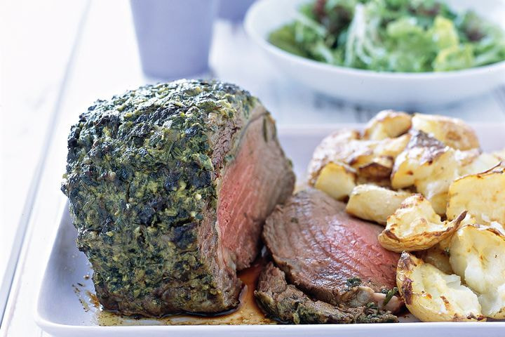 Herb and garlic beef with crisp potatoes