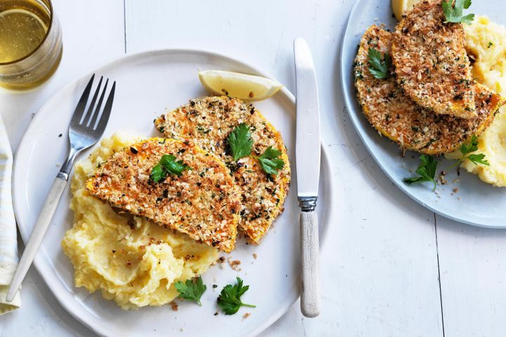 Vegetarian schnitzel with potato and turnip mash
