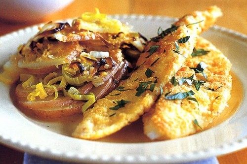 Almond-crusted fish with potato and leek