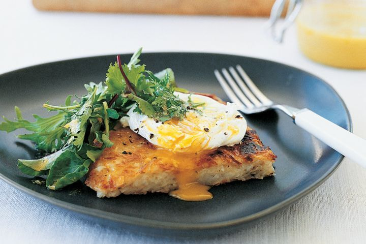 Potato galette with poached egg and salad