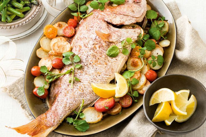 Whole snapper with herb pesto and crispy potatoes