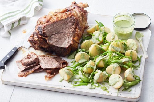 Barbecued lamb leg with spring potato salad
