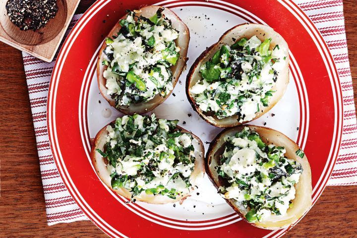 Broad bean, mint and fetta jacket potatoes