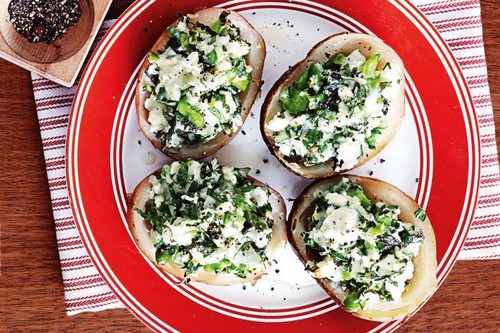 Broad bean, mint and fetta jacket potatoes