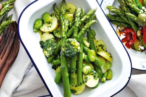 Steamed asparagus and potato with parsley and mint butter