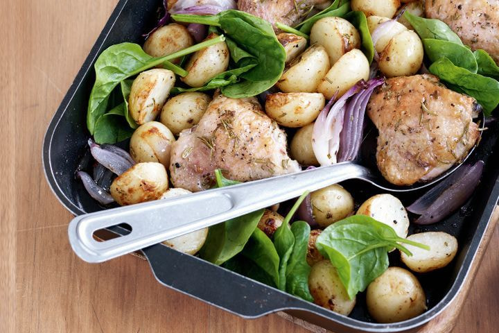 Rosemary baked chicken with hot potato salad