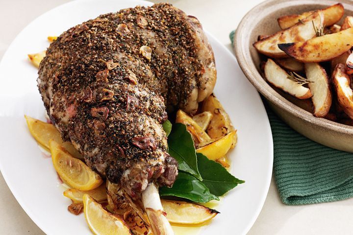 Greek roast lamb with lemon potatoes and broad beans