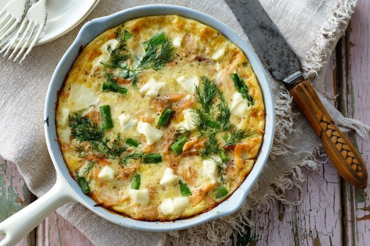 Goat's cheese, smoked trout, asparagus, leek and potato frittata