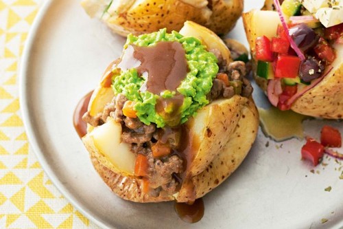 'Roast lamb' and pea mash jacket potatoes