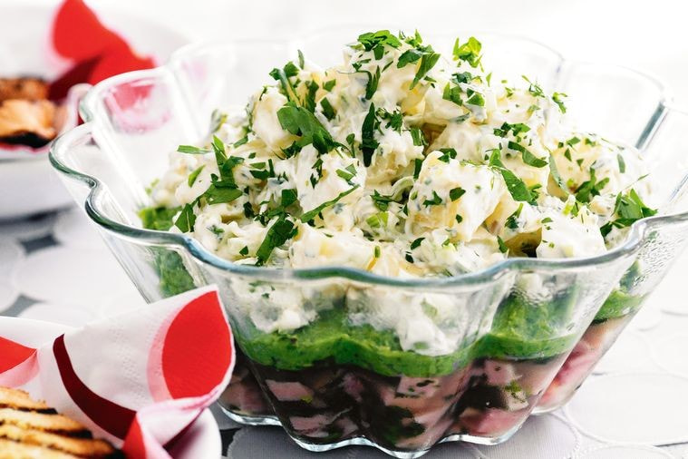 Potted ham with mashed peas and potato salad