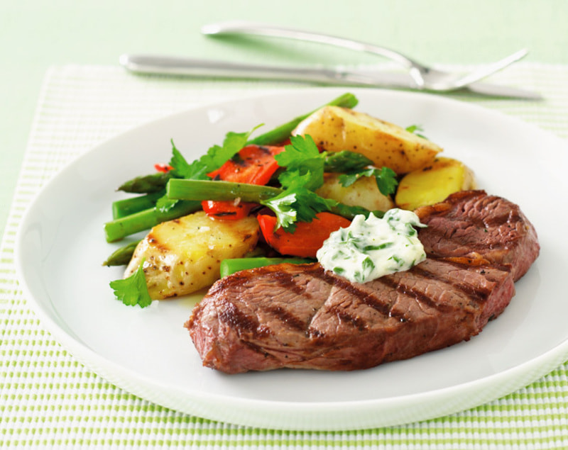 Char-grilled rump steak, potato salad and garlic mayonnaise