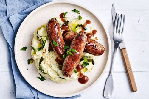 Leek and potato mash with sausages