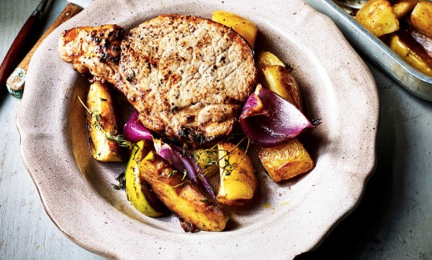 Autumnal Potato Pork Apple Traybake