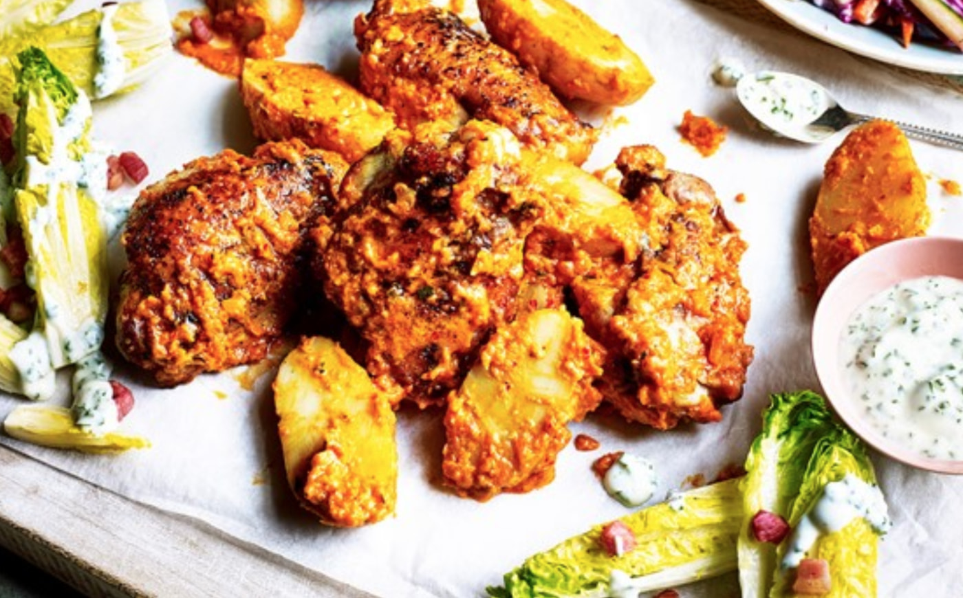 Buffalo style slow cooked potato and chicken with slaw wedge salad and ranch dressing