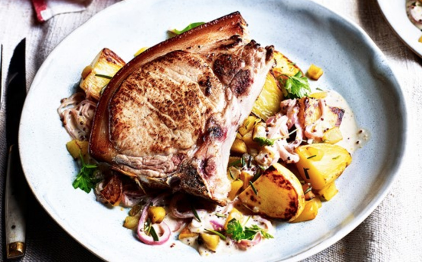 Creamy cider pork chops with sautéed rosemary potatoes