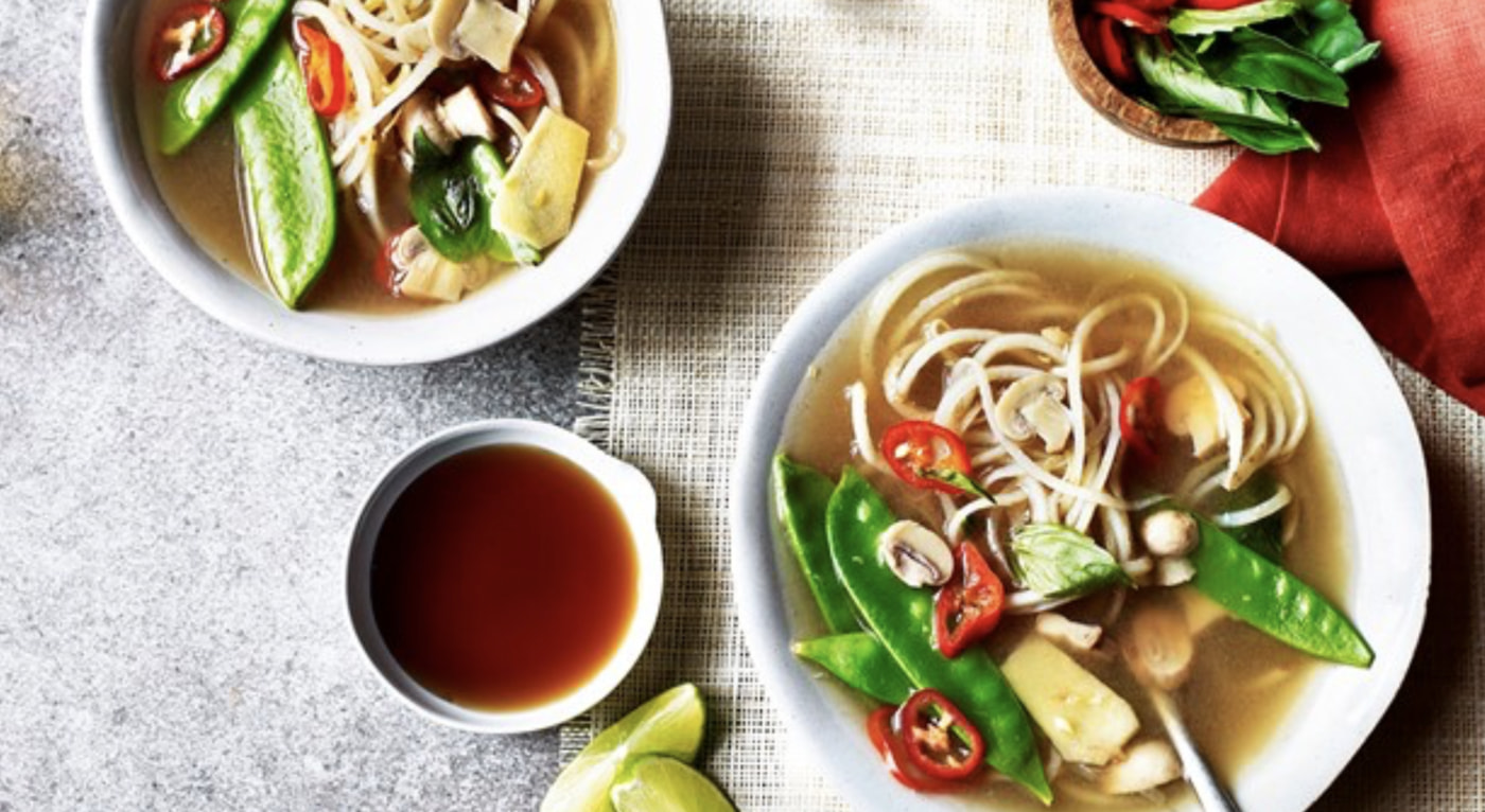 Vegetarian Thai potato noodle cleansing broth with basil and lemongrass