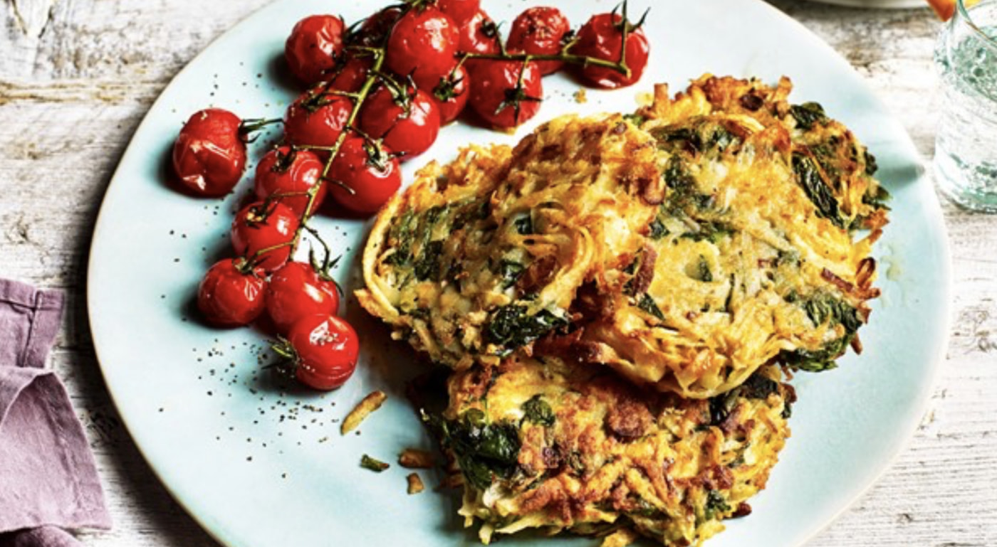 Feta and spinach potato rosti with roasted tomatoes