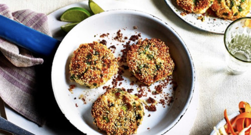 Asian spiced Potato Crab Cakes with Rainbow Slaw