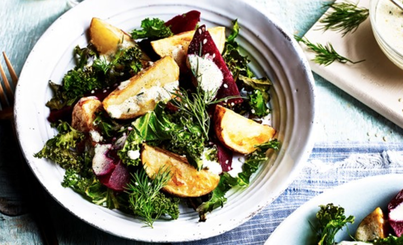 Roast potato, kale, beetroot and dill salad with toasted sesame seed