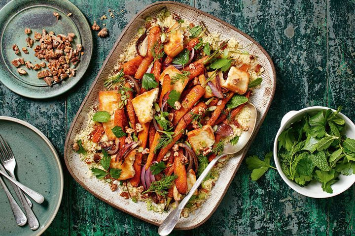 Roasted carrots with couscous and haloumi