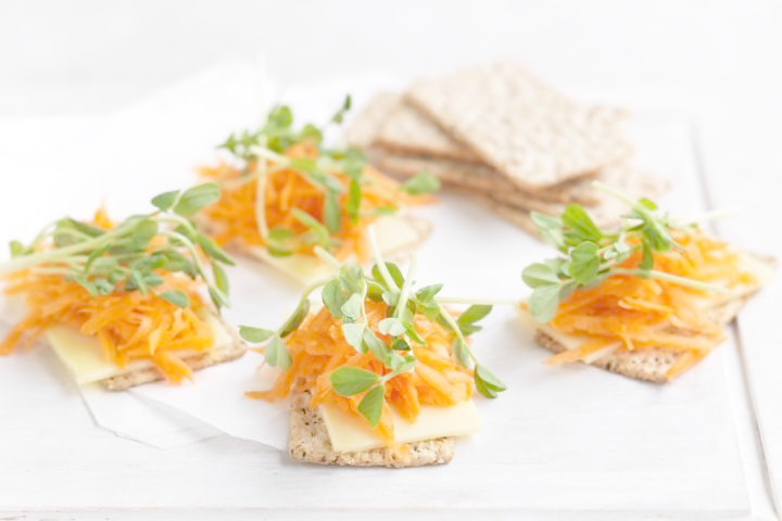 Cheese, carrot and snow pea sprouts