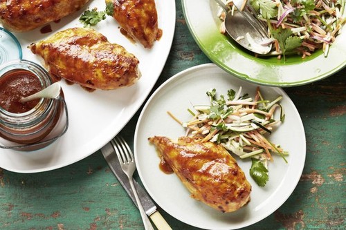 Barbecue chicken with carrot-zucchini slaw