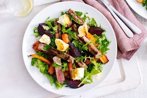 Warm beetroot, carrot and ricotta salad with Moroccan beef
