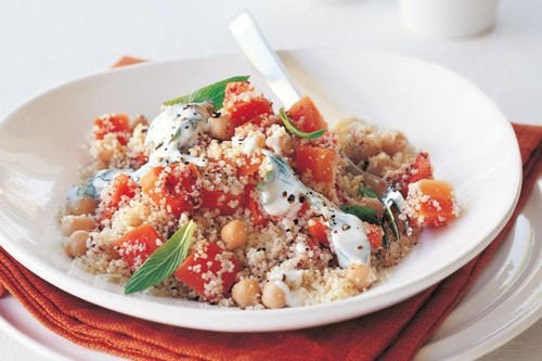 Chickpea and carrot couscous with minted yoghurt