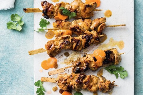 Apricot chicken kebabs with pickled carrot and rice salad