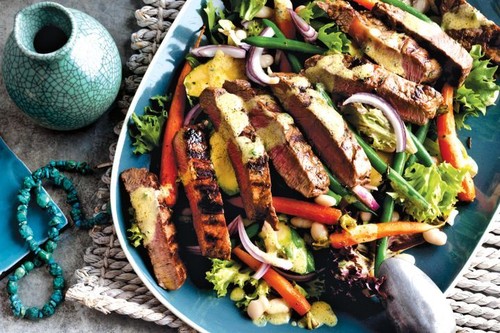 Sticky carrot and zucchini salad with chargrilled steak