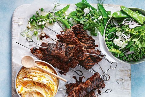 Bourbon beef kebabs with carrot pesto yoghurt