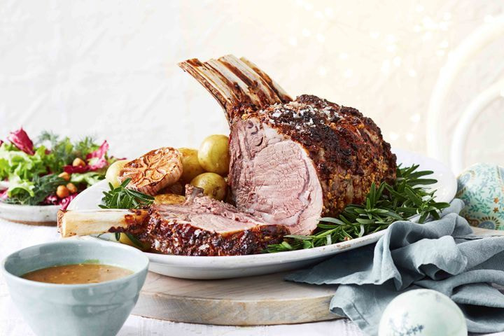 Standing beef rib roast with sweet onion gravy