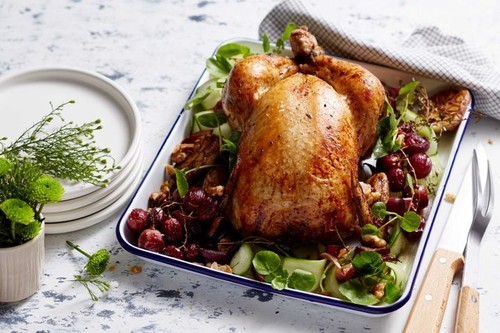 Roast chicken with caramelised onion and grapes