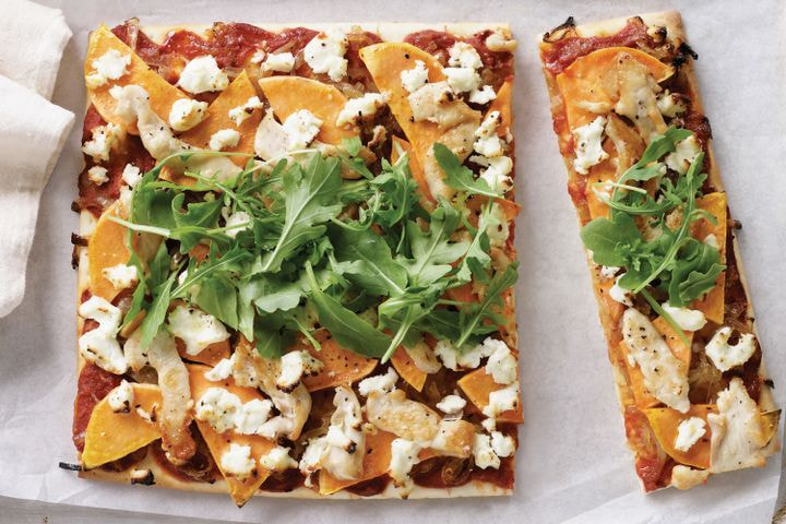 Chicken, caramelised onion and sweet potato pizza