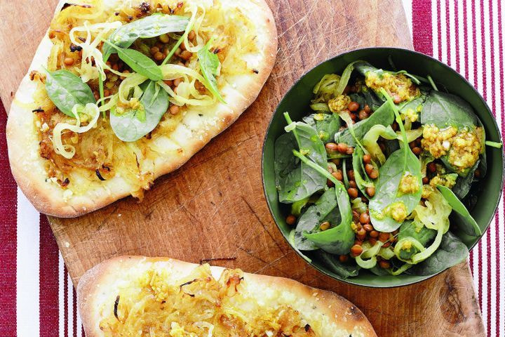 Spiced onion naan with lentil salad