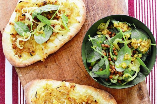 Spiced onion naan with lentil salad