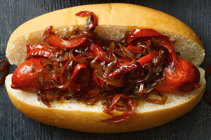 Hot dogs with sweet onion and capsicum relish