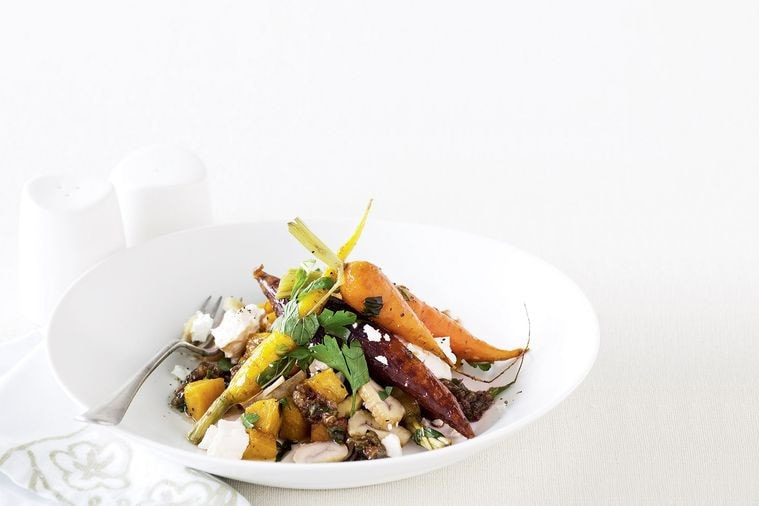 Roast pumpkin and carrot salad with caper and raisin dressing
