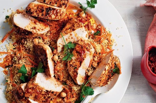 Buttermilk and harissa chicken with spiced carrot couscous