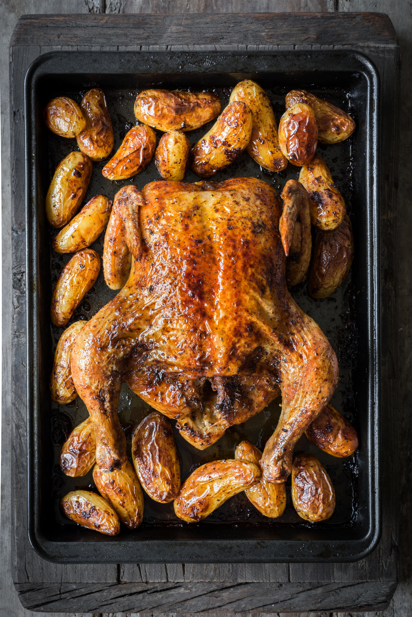 Spicy BBQ Chicken with Chicken Fat Potatoes